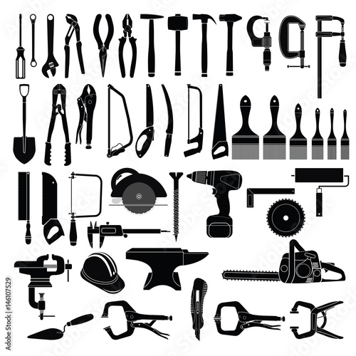Big set of tools on white background