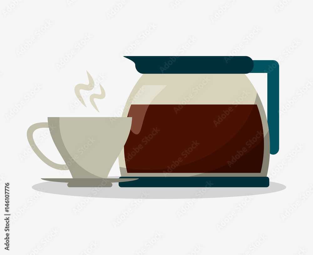 set porcelain cup of coffee in crockery with glass jar with handle vector illustration set porcelain cup of coffee in crockery with glass jar with handle vector illustration