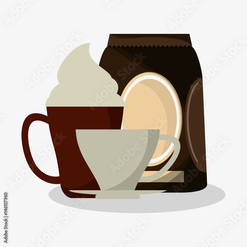 cup of capuccino with cream and bag of coffee with porcelain cup vector illustration
