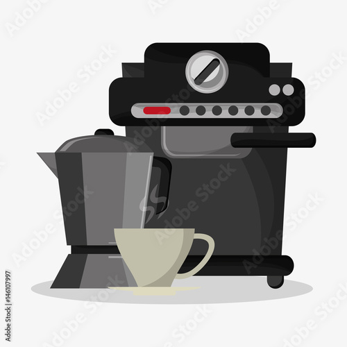 Coffee espresso machine with metallic jar with handle and mug vector illustration