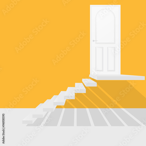 White stair up to the door and orange  wall background
