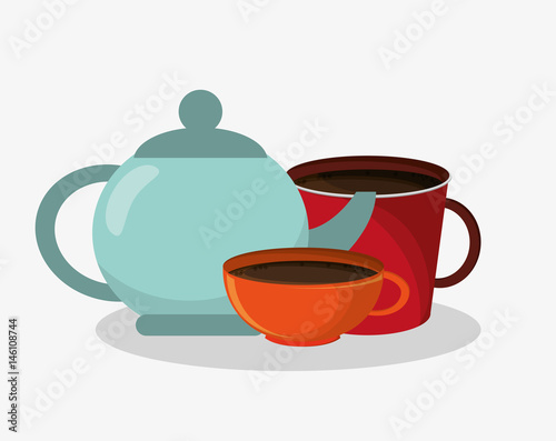 porcelain tea kettle with set mug and cup of coffee vector illustration