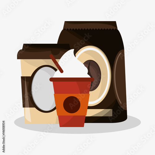 packaking of coffee with set glass disponsable for hot drinks of cappucino with cream vector illustration