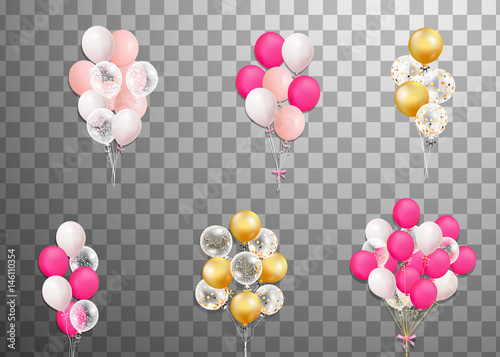 Bunches and groups of colorful helium balloons isolated on transparent background. Frosted party balloon for event design. Party decorations for birthday, anniversary, celebration.