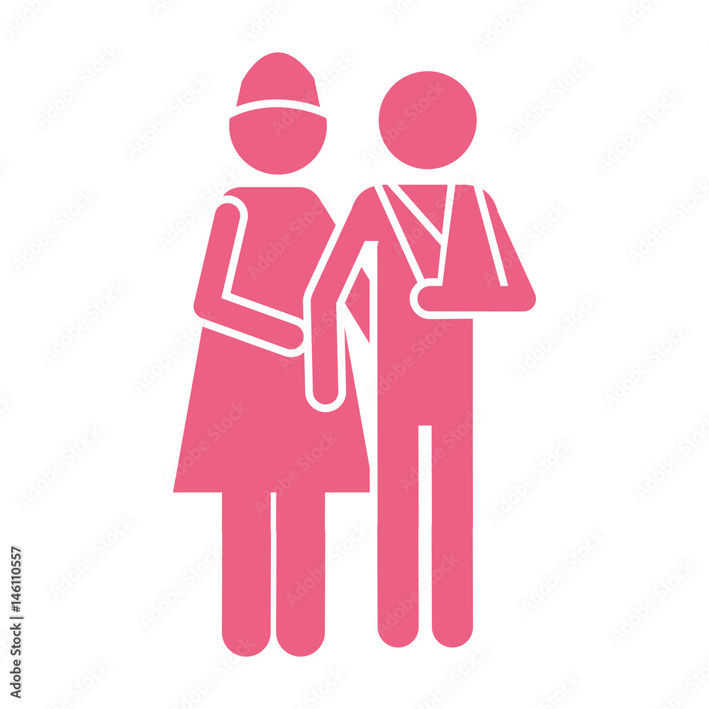 color silhouette pictogram nurse with bandaged arm patient vector illustration color silhouette pictogram nurse with bandaged arm patient vector illustration