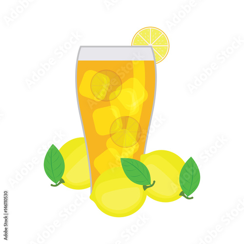 ice lemon tea with lemon, lemon leaf  and ice cube. vector illustration