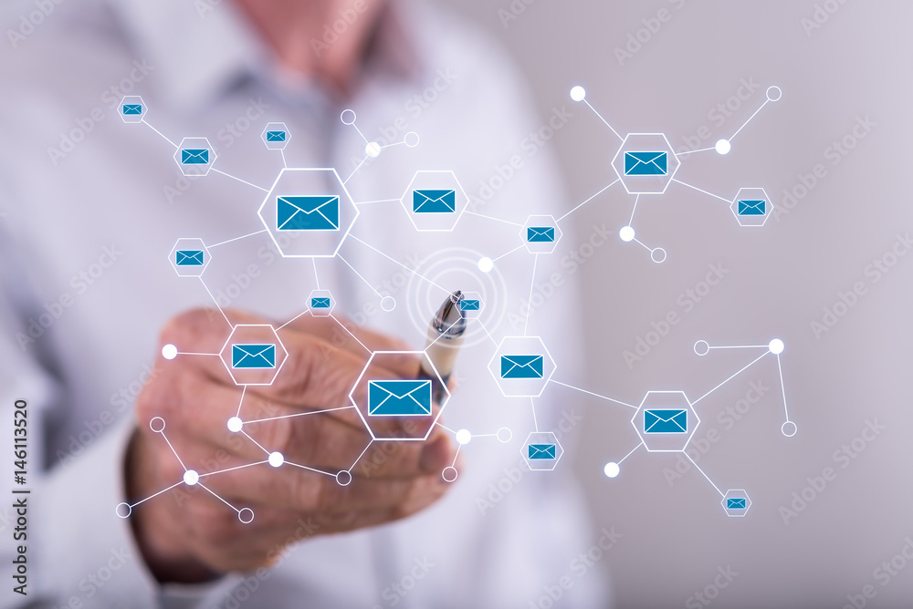 Man touching a communication network on a touch screen