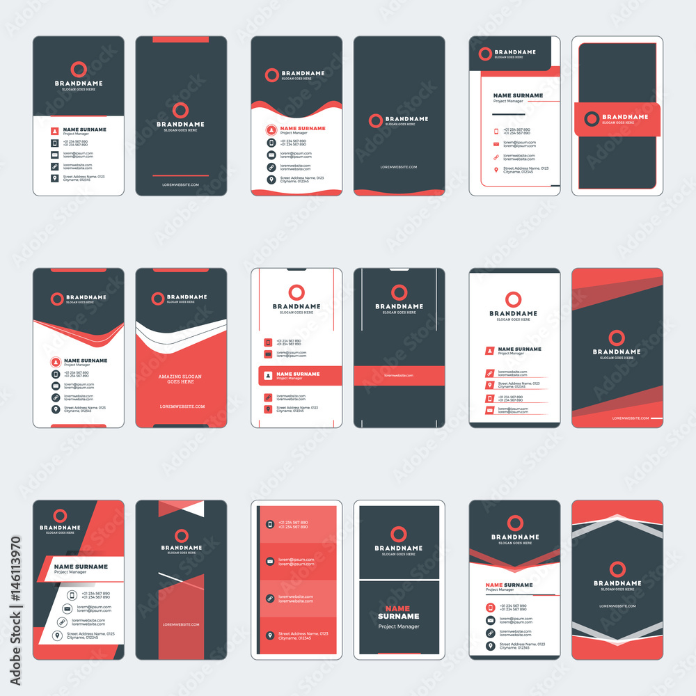 Set of modern business card print templates. Vertical business cards. Red and black colors. Personal visiting card with company logo. Vector illustration. Stationery design Set of modern business card print templates. Vertical business cards. Red and black colors. Personal visiting card with company logo. Vector illustration. Stationery design