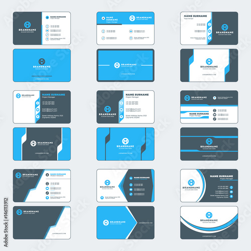 Set of modern business card print templates. Horizontal business cards. Blue and black colors. Personal visiting card with company logo. Vector illustration. Stationery design