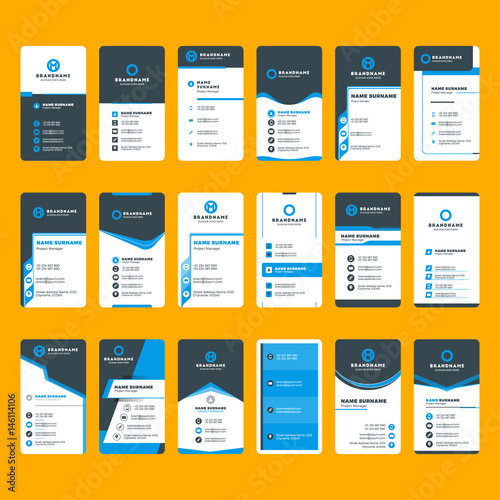 Set of modern business card print templates. Vertical business cards. Blue and black colors. Personal visiting card with company logo. Vector illustration. Stationery design