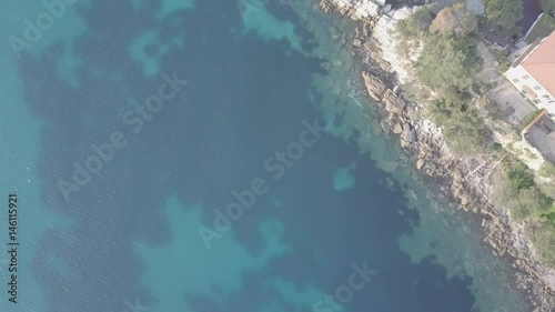 Flight over the mediterranean coastline on the border Italy France. Capo Mortola, Grimaldi (Ventimiglia), Italy, Europe. Aerial panoramic view 4K, UHD native log movie. photo