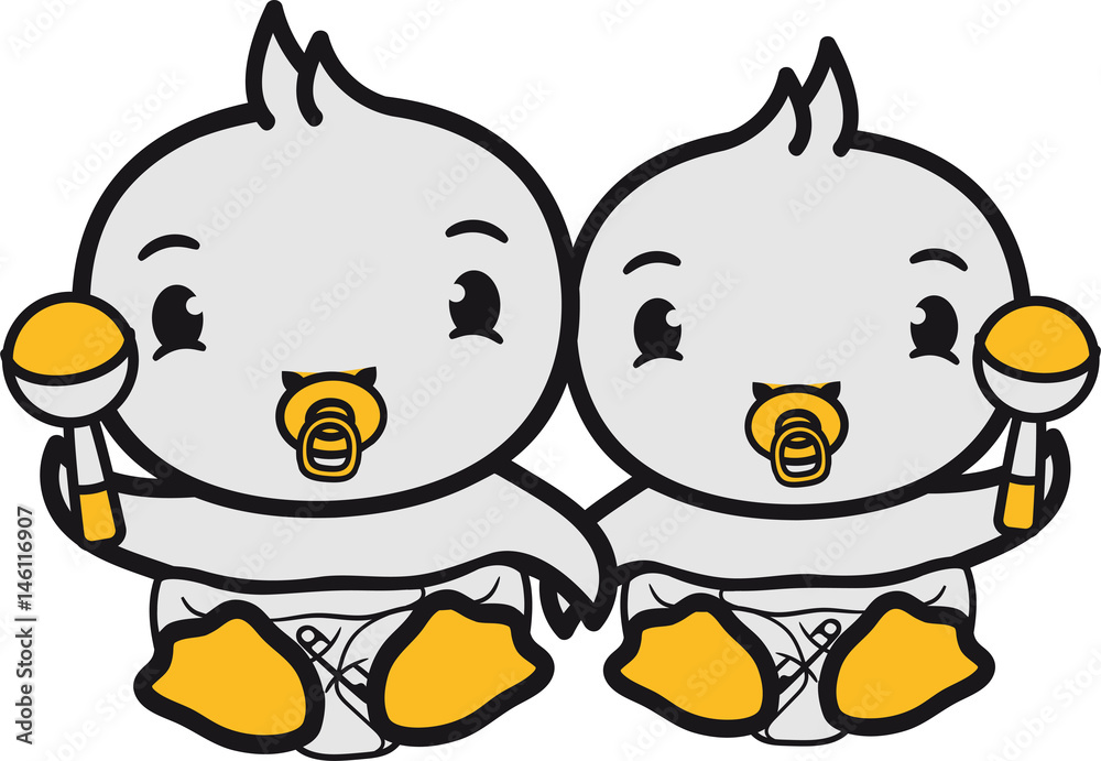 Fototapeta premium paar pärchen geschwister 2 freunde brüder schwestern schnuller windel rassel spielen küken süß niedlich klein baby kind ente vogel comic cartoon
