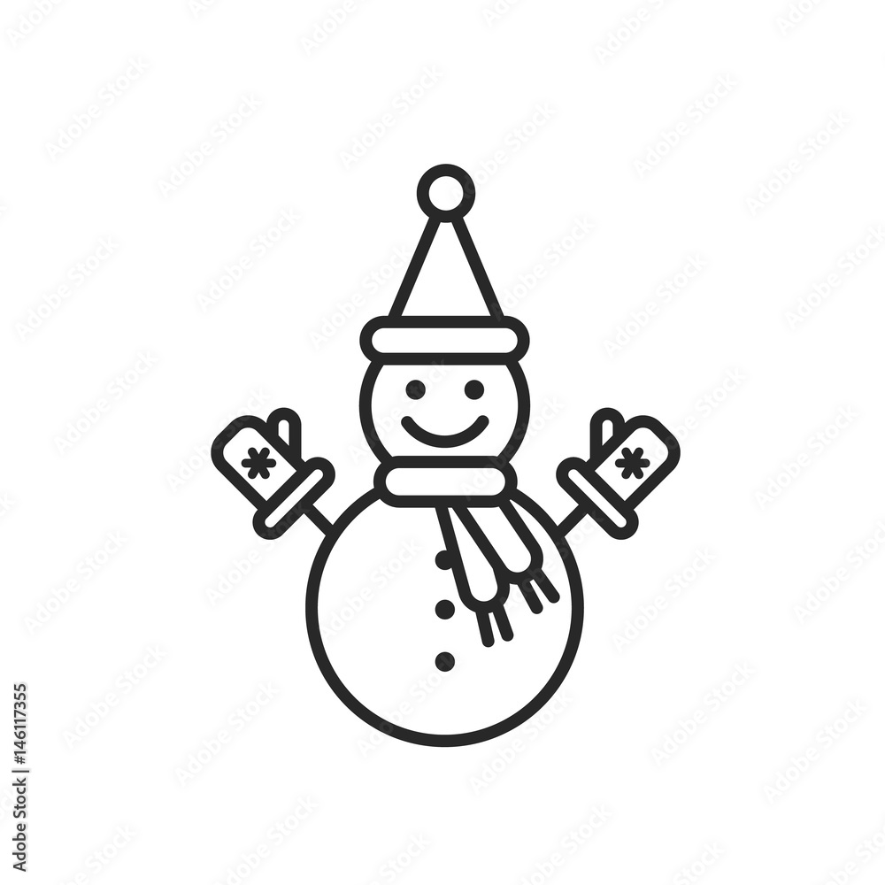 Happy winter snowman with mittens and scarf. Christmas Line art icon for apps and websites. Vector Happy winter snowman with mittens and scarf. Christmas Line art icon for apps and websites. Vector
