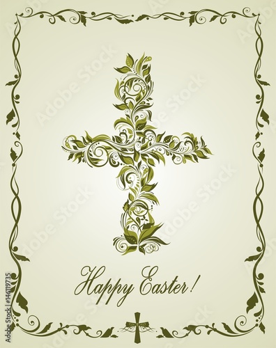 Greeting easter card with vintage olive floral cross
