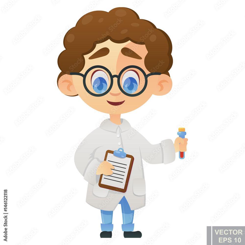 kid child job and profession dream Illustration of cartoon little Scientist holding test tube