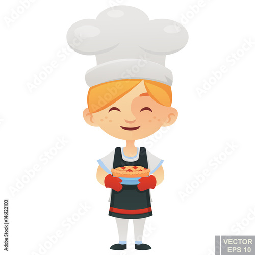 Illustration of cartoon a baker with pie kid child job and profession dream