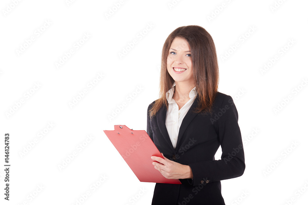 Beautiful business woman taking notes on her clipboard isolated on white background Beautiful business woman taking notes on her clipboard isolated on white background