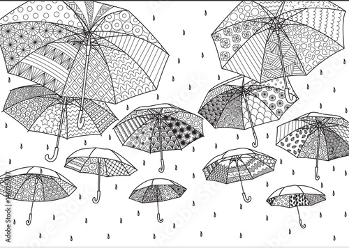 Flying umbrellas for background,illustration,card, adult or kids coloring book page. Vector illustration photo