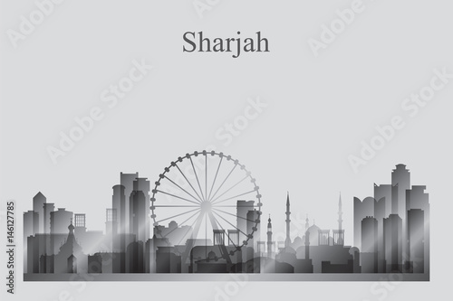 Sharjah city skyline silhouette in grayscale