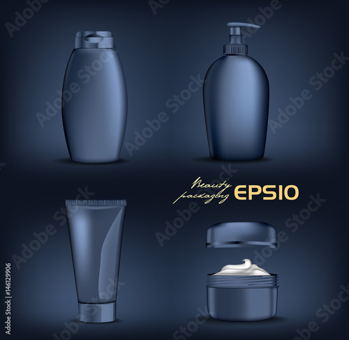 Premium cosmetics mock-up set with on dark background. Vector Illustration bottle for shampoo, packing for soap open round package with cream inside,tube for toothpaste or cosmetic
