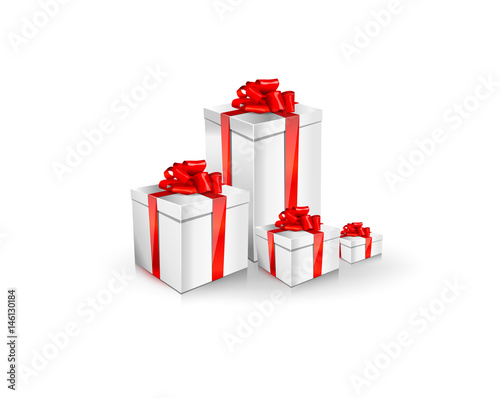 set of white gift box with shiny red beautiful curly bow and ribbon.
