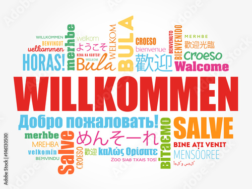 Willkommen (Welcome in German) word cloud in different languages, conceptual background