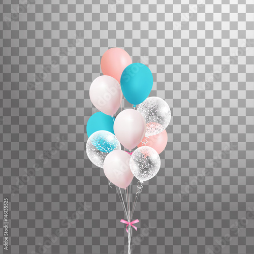 Bunches of colorful helium balloons isolated on transparent background. Frosted party balloon for event design. Party decorations for birthday, anniversary, celebration.