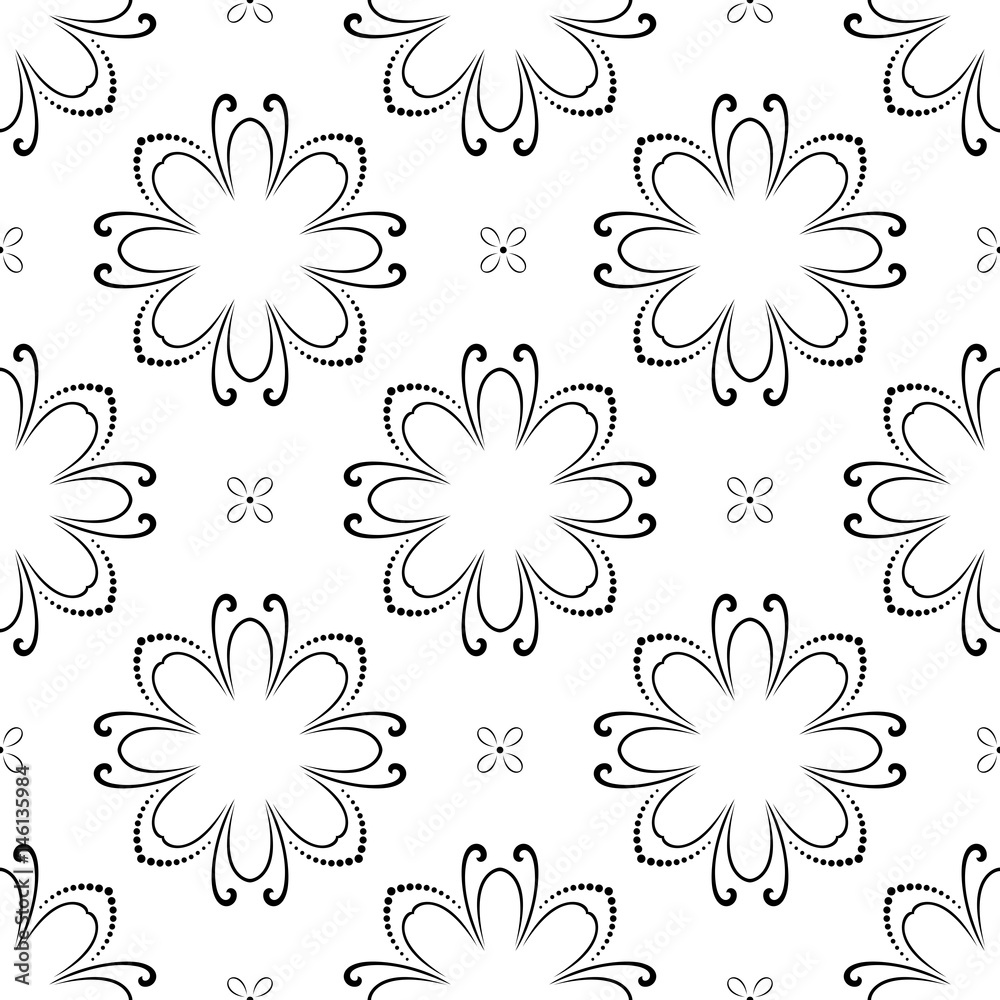 Obraz premium Floral vector black and white ornament. Seamless abstract classic background with flowers. Pattern with repeating elements