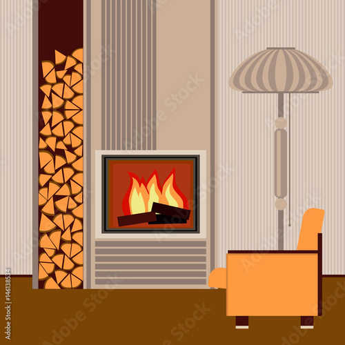 Fragment of the interior living room with modern fireplace and furniture