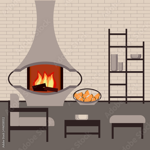 Fragment of the interior living room in loft style with modern fireplace and furniture