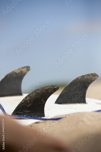 Obraz na płótnie Surfboard detail lai-down on sand at the beach