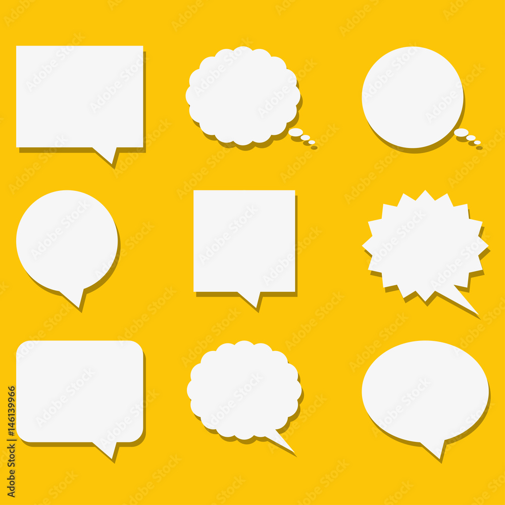 Blank empty white speech bubbles with shadows in flat style. Vector illustration. Blank empty white speech bubbles with shadows in flat style. Vector illustration.