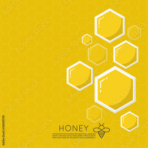 Vector icon honeycomb. Abstract background with yellow honey comb. Hexagon and drop. Iisolated illustration. Contemporary modern style design. Flying honeybee. Bee insect.