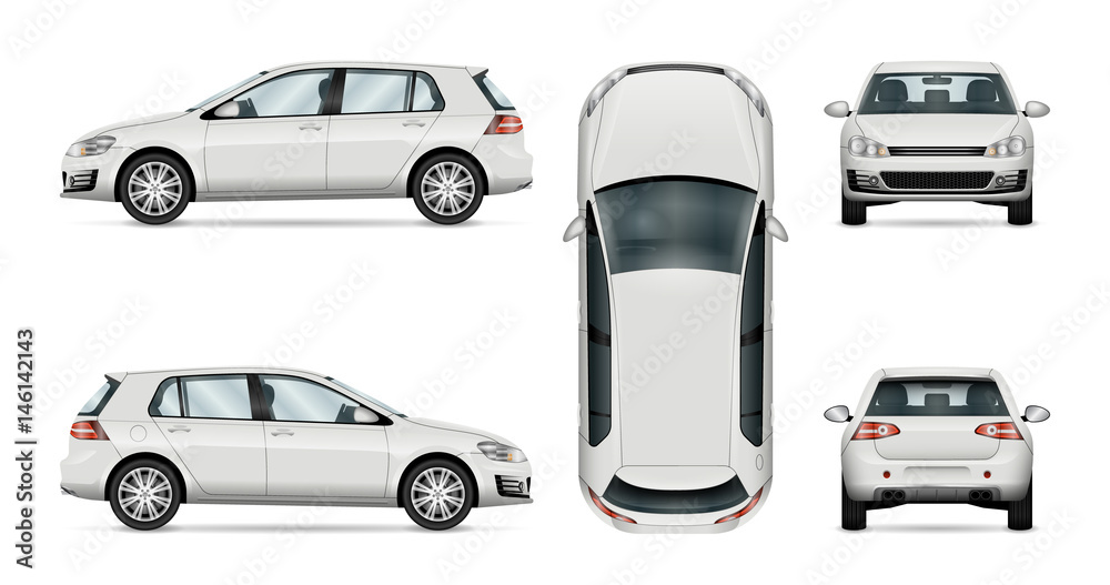 Naklejka premium Samochodowy wektorowy szablon na białym tle. Hatchback izolowany. Wszystkie warstwy i grupy są dobrze zorganizowane, co ułatwia edycję i zmianę koloru. Widok z boku, z przodu, z tyłu, z góry.