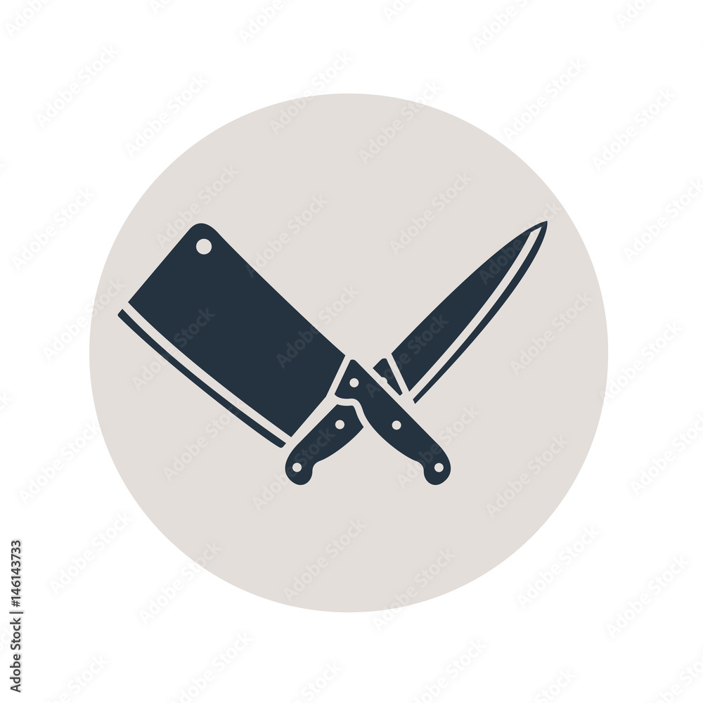 Icono plano cuchillo y cuchillo carnicero en circulo gris Icono plano cuchillo y cuchillo carnicero en circulo gris