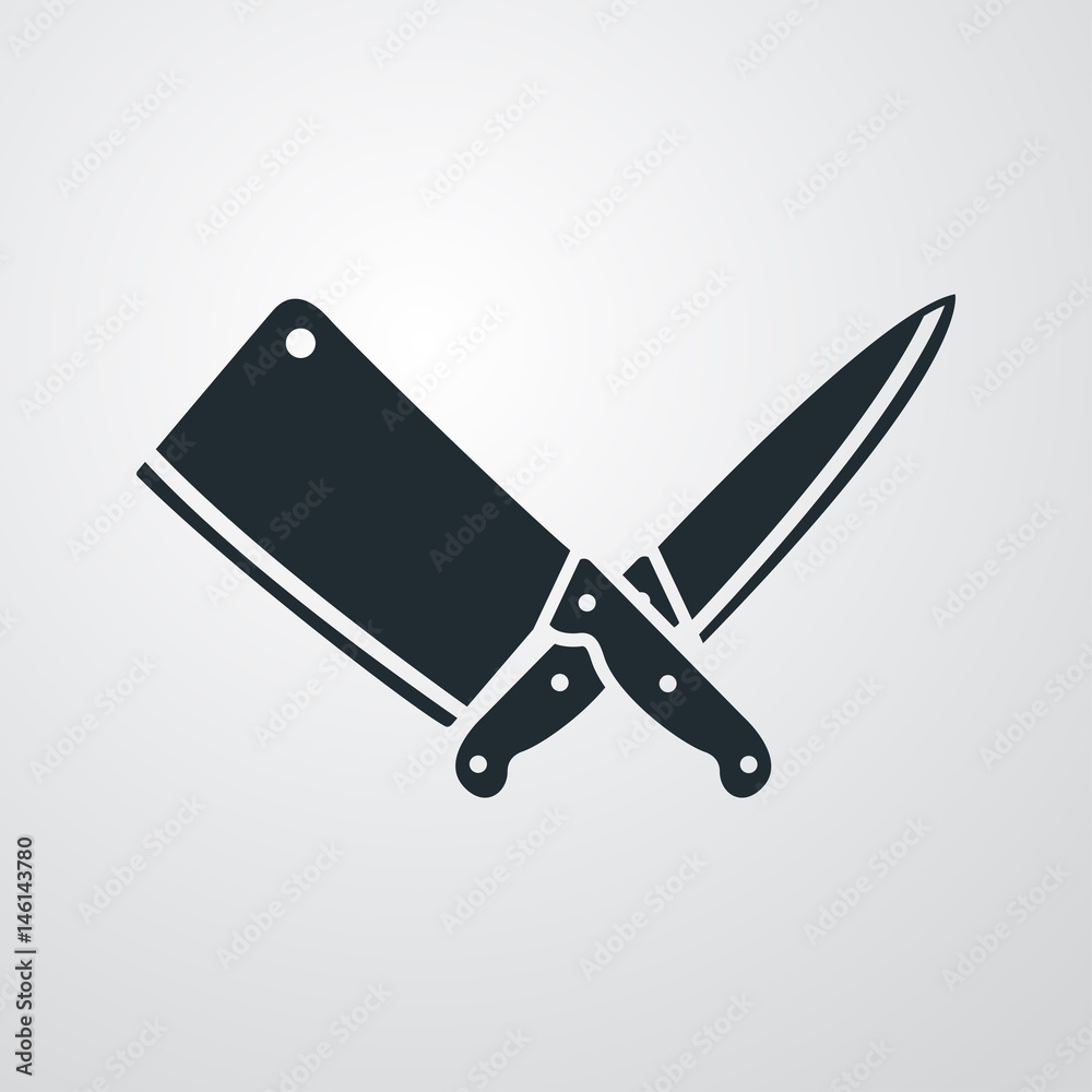 Icono plano cuchillo y cuchillo carnicero en fondo degradado Stock
