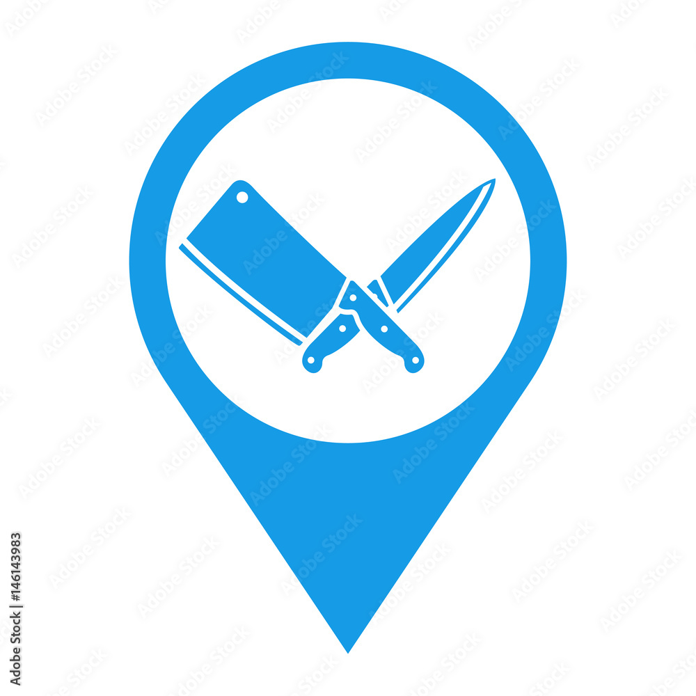 Icono plano localizacion cuchillo y cuchillo carnicero azul Icono plano localizacion cuchillo y cuchillo carnicero azul