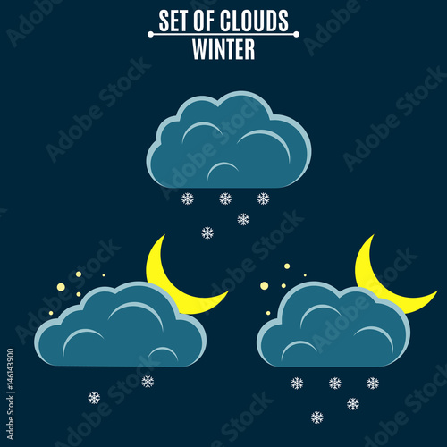 Weather icons. Clouds with snowflakes. A month in the night. Winter vector illustration in a flat style. Falling snow. Environment