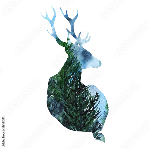 Silhouette deer animal wood forest background isolated