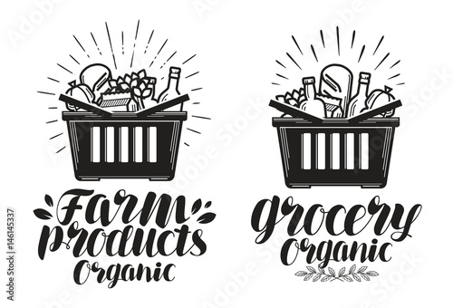 Shopping basket with fresh food. Grocery or farm products, label. Handwritten lettering, calligraphy vector illustration