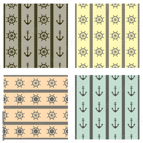 Set of vector seamless patterns with anchor, steering wheel and rope. Creative geometric symmetrical background, nautical theme. Graphic illustration in beige, brown colors.