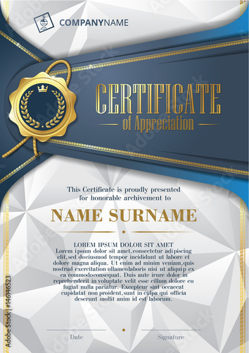 Template of Certificate of Appreciation with golden badge and triangular background, in blue