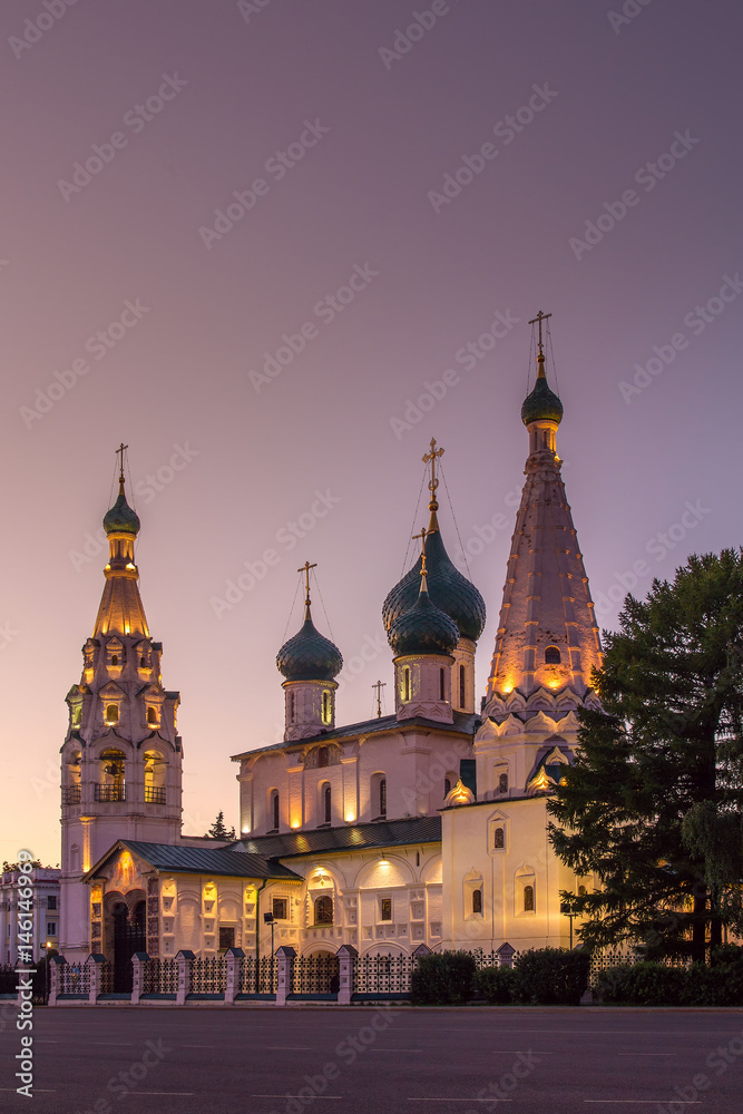One of the most famous Yaroslavl churches is the Church of Elijah the Prophet. Evening view with illumination. Summer. The city of Yaroslavl. Russia