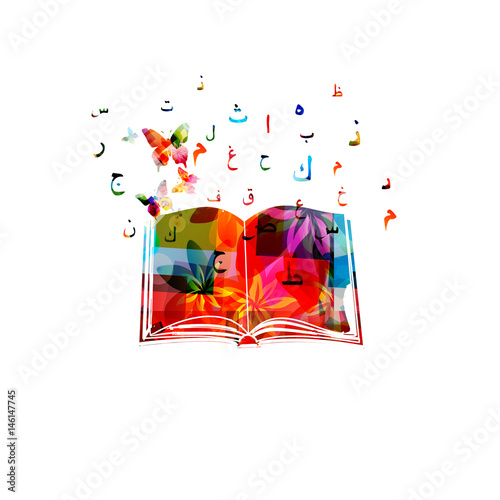 Colorful book with arabic islamic calligraphy symbols vector illustration. Arabic alphabet text design for education