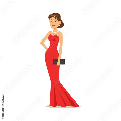 Lovely girl in long red evening dress. Colorful cartoon character vector Illustration