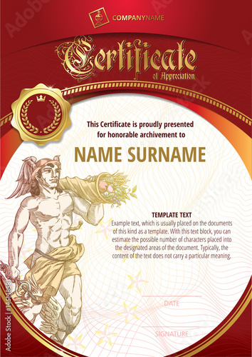 Template of Certificate  of Appreciation with golden badge and with god Hermes. Red version.
