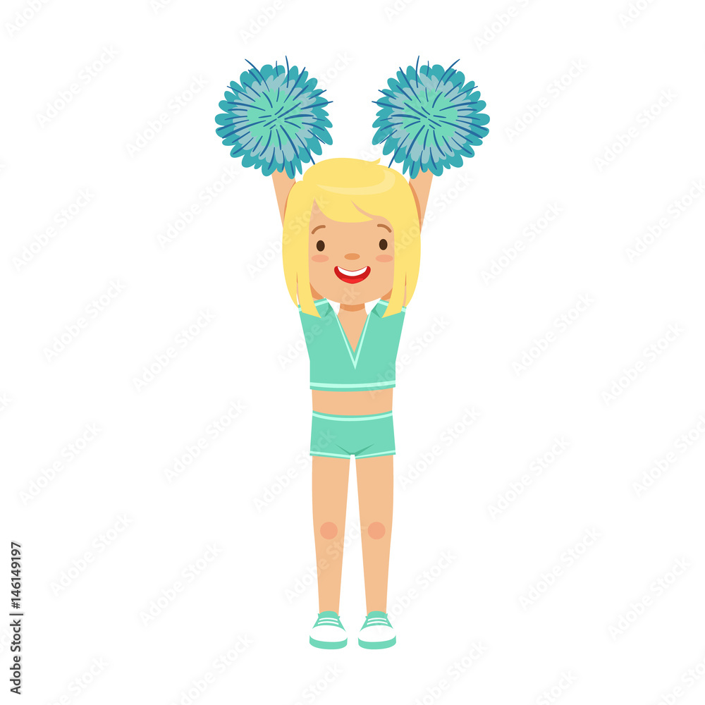 Cute little blond girl dancing with blue pompoms. Colorful cartoon character vector Illustration Cute little blond girl dancing with blue pompoms. Colorful cartoon character vector Illustration