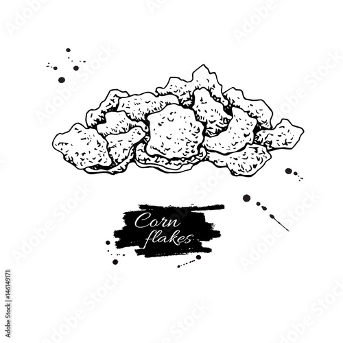 Corn flakes hand drawn vector illustration. Heap of granola muesli. Morning cereals in hand drawn