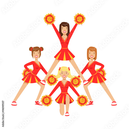 Cheerleader girls with pompoms dancing to support football team during competition. . Colorful cartoon character vector Illustration