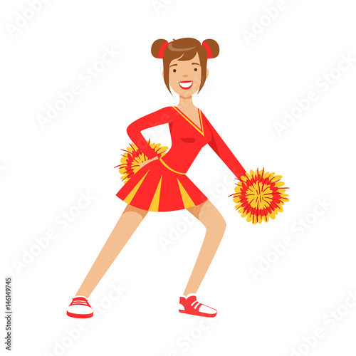 Cheerleader girl teenager dancing with red and yellow pompoms. Colorful cartoon character vector Illustration